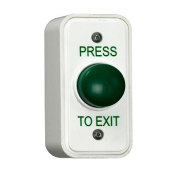 Narrow Green Dome Exit Button c/w Surface Box, InchPRESS TO EXITInch