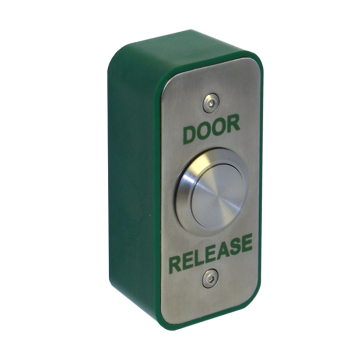 Exit Button c/w Green Surface Back Box InchDOOR RELEASEInch (Narrow)