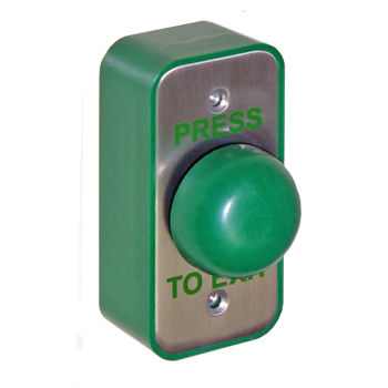 Narrow Green Dome Exit Button c/w Green Surface Back Box InchPRESS TO EXITInch