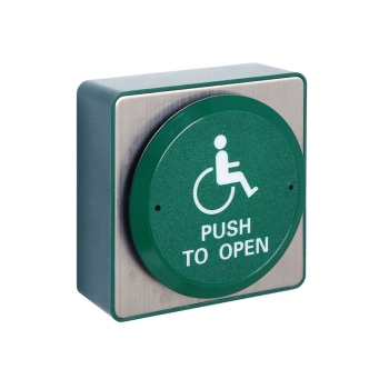 'Push to Open' Large Green Disc Exit Button with Wheelchair - H88 x W88 x D40mm (Inc Green BB)
